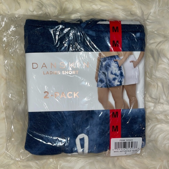 Danskin 2 Pack Soft Active Shorts Blue Tie Dye and White - Picture 8 of 11
